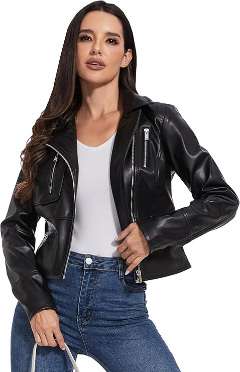 Fahsyee Faux Leather Jacket Women - Black Motorcycle Short Coat Moto Biker Blazer Casual Pleather... | Amazon (US)