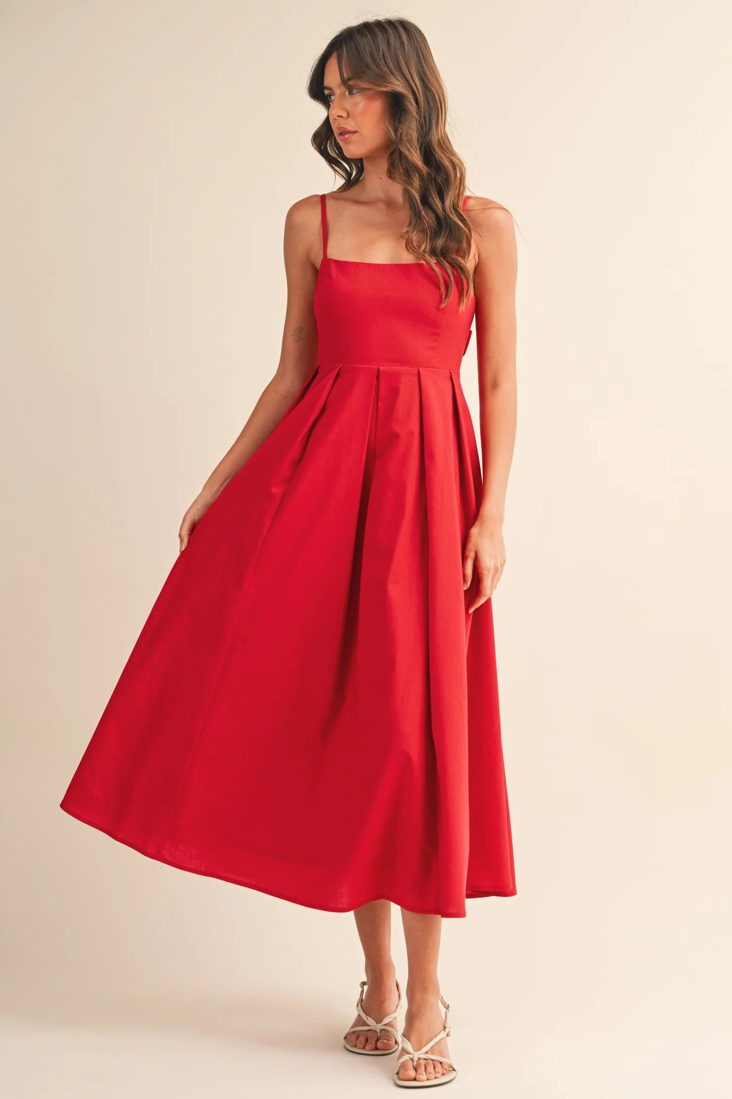 Red Linen Sleeveless Tie Back Flared Midi Dress | PinkBlush Maternity