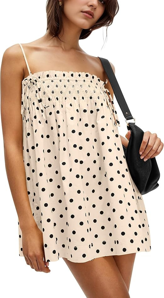 Women Polka Dot Sleeveless Square Neck Backless Spaghetti Strap Smocked Flowy Ruched Sexy Mini Ca... | Amazon (US)
