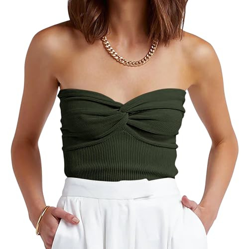 ANRABESS Tube Top for Women Summer Strapless Bandeau Knit Twist Knot Corset Crop Basic Tank Tops 2026 Vacation Beach Clothes Large Army Green | Amazon (US)