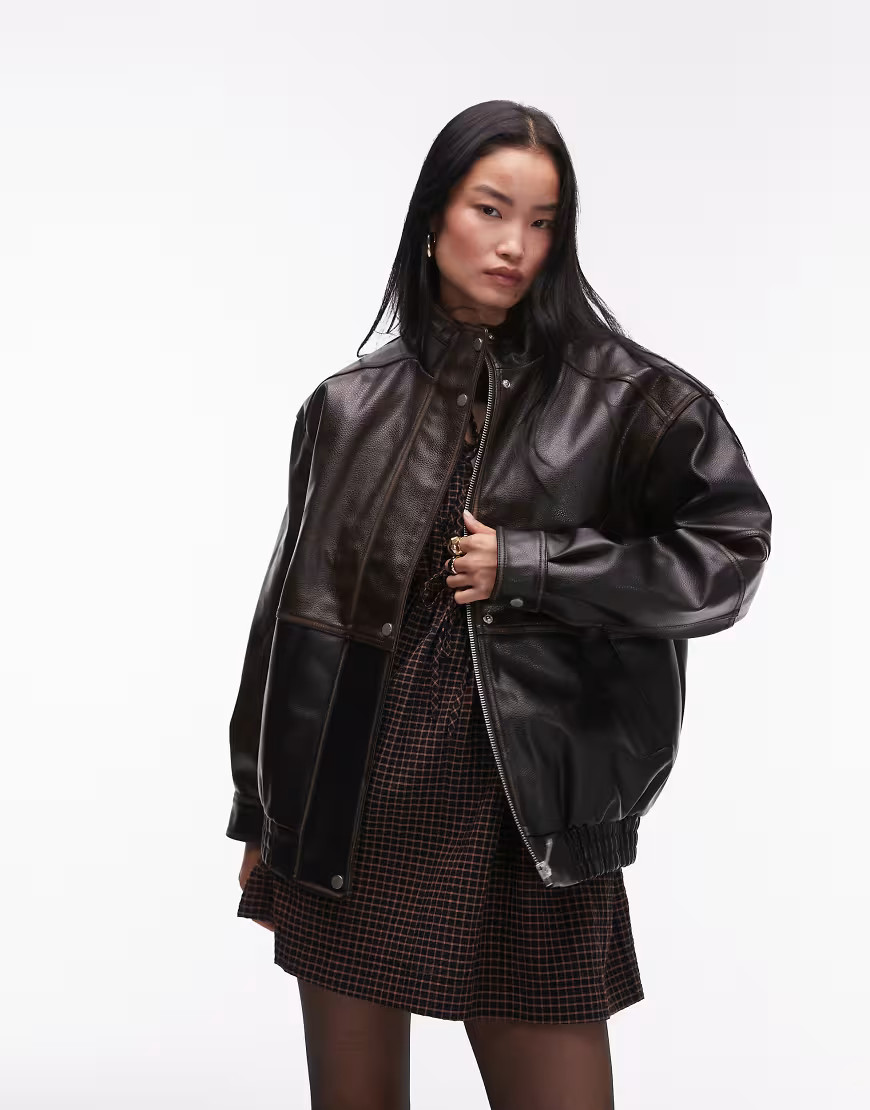Topshop faux leather super oversized bomber jacket in multi | ASOS (Global)