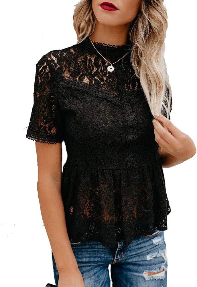 Tobrief Women's Short Sleeve Sexy Sheer Mesh Lace Blouse Peplum Top | Amazon (US)