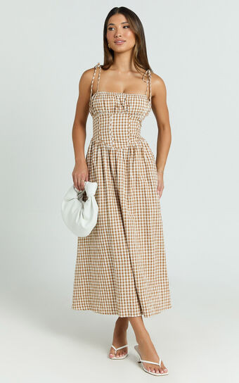 Austin Midi Dress - Straight Neck Gathered Bust Fitted Corset Drop Waist Gathered Skirt Dress in ... | Showpo (US, UK & Europe)