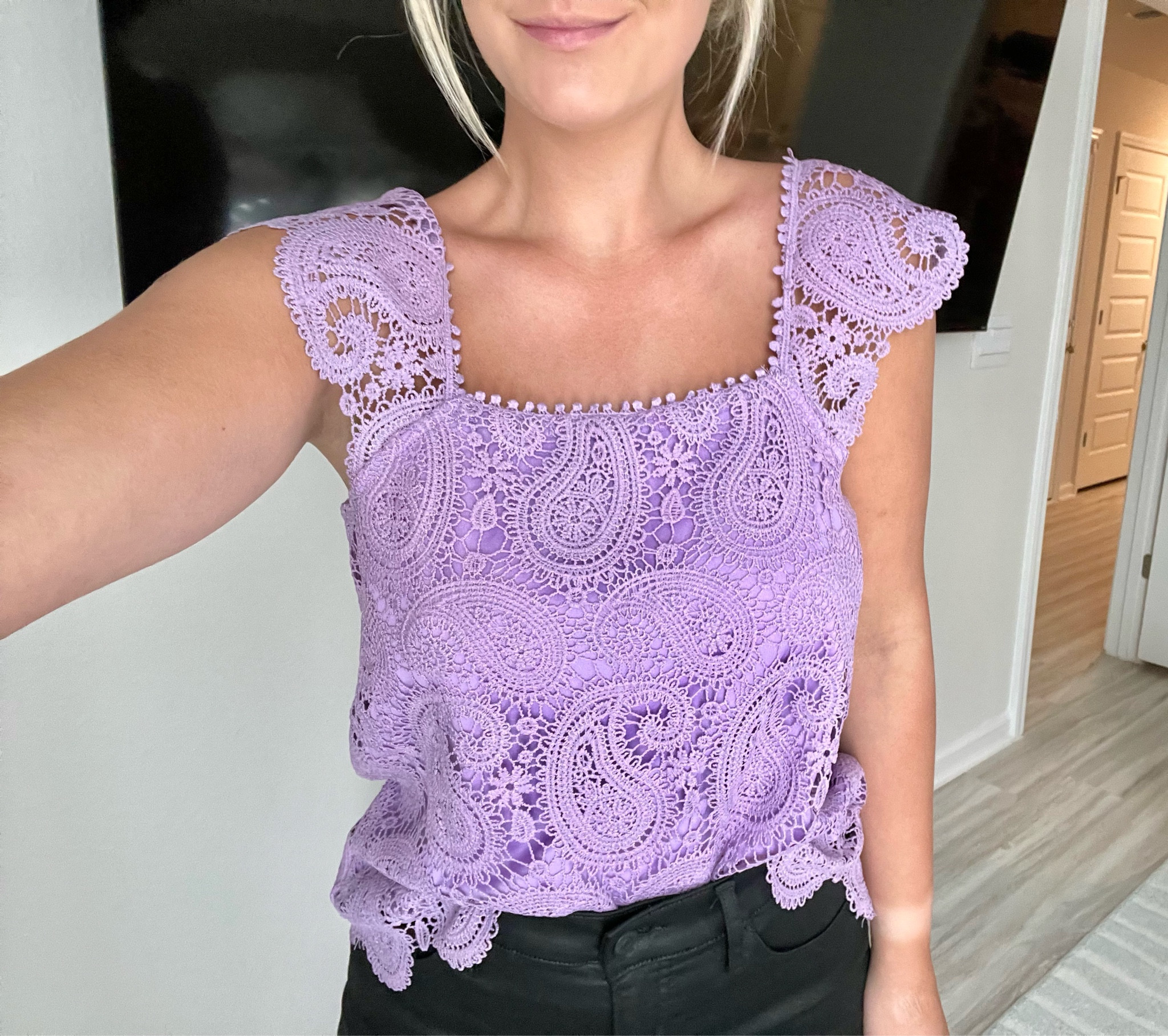 Adorable top under $20, size down! 

Casual Lace Purple Tank Top Dressy Work Wear Square Neck Tassel Summer Spring Top Crochet Scalloped Paisley 

#LTKFindsUnder50 #LTKWorkwear #LTKSaleAlert