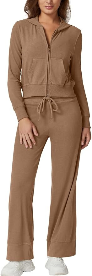 QINSEN Women's Two Piece Outfits Long Sleeve Full-Zip Hoodie and Wide Leg Pants Tracksuit Lounge ... | Amazon (US)