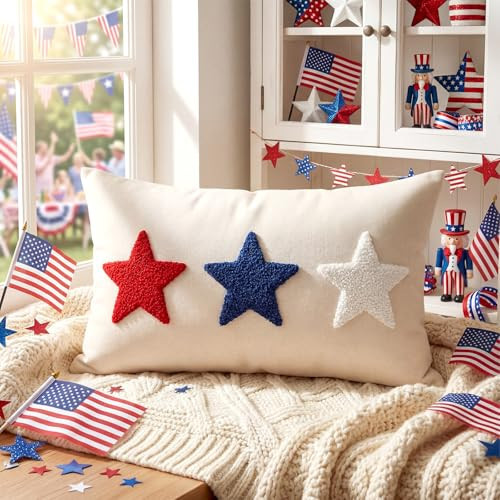 Boao 4th of July Pillow Covers 12x20 Independence Memorial Day Lumbar Pillow Case Embroidery Red White Blue Star Flag US Patriotic Throw Cushion Case for 250th Anniversary Home Bedroom Sofa | Amazon (US)