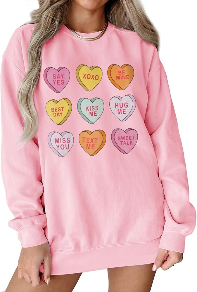 Women Valentine Sweatshirt Love Heart XOXO Funny Conversation Heart Graphic Shirt Tops Crewneck O... | Amazon (US)