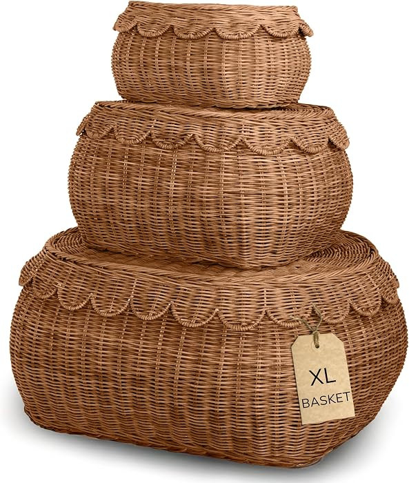 BEBE BASK Large Scalloped Basket Set Of 3 - Storage Basket 22 x 16 x 10 In | Amazon (US)