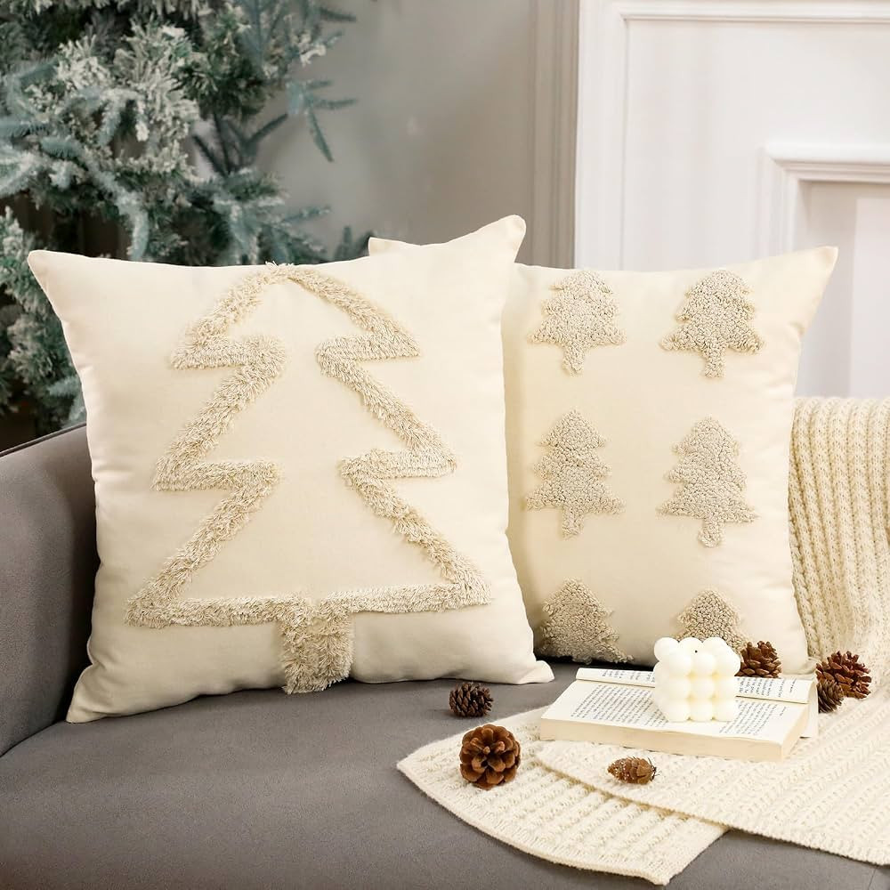 2 Pcs Beige Christmas Pillow Covers 18 x 18 Inch Decorative Boho Farmhouse Pillowcase White Tufte... | Amazon (US)