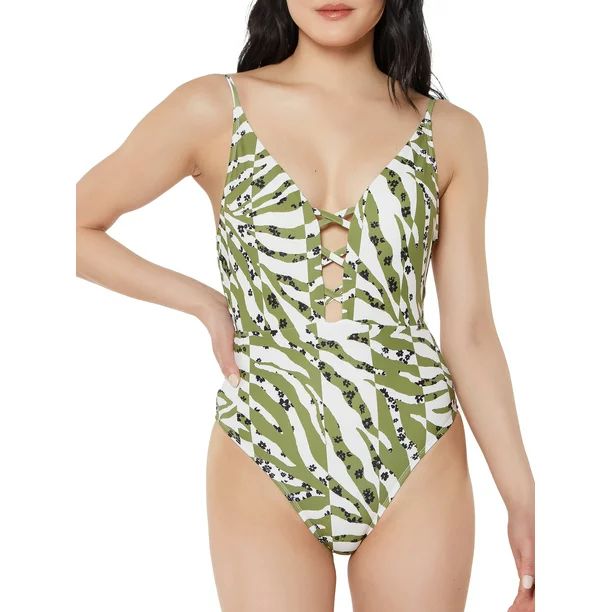 JS Jessica Simpson Women's Zebra Lace Up Plunge One Piece Swimsuit | Walmart (US)