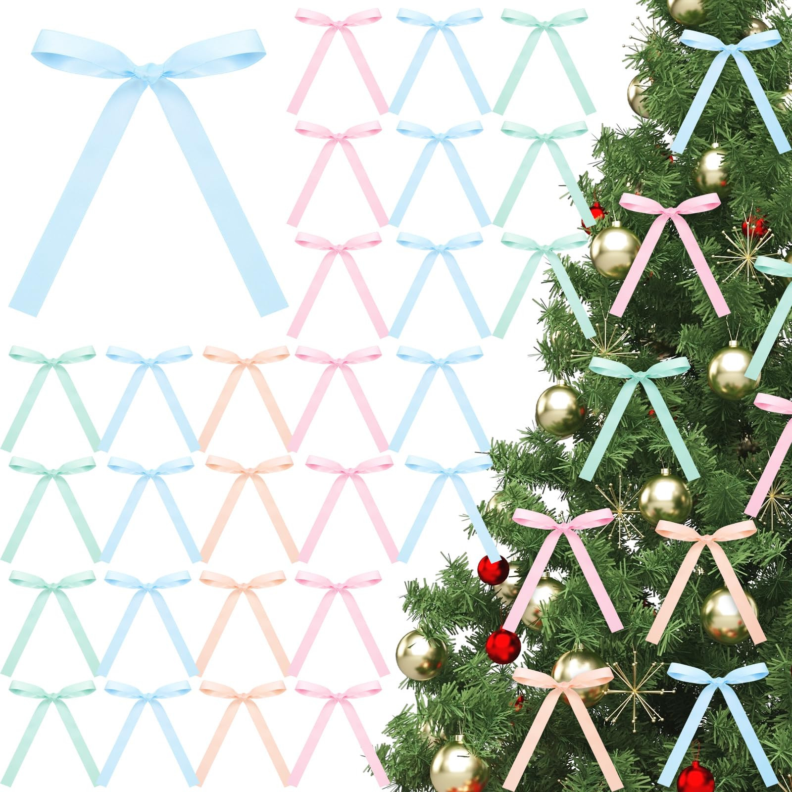 Zeyune 36 Pcs Pastel Bows for Christmas Tree Christmas Pre-Tied Stain Ribbon Bows for Tree Orname... | Amazon (US)