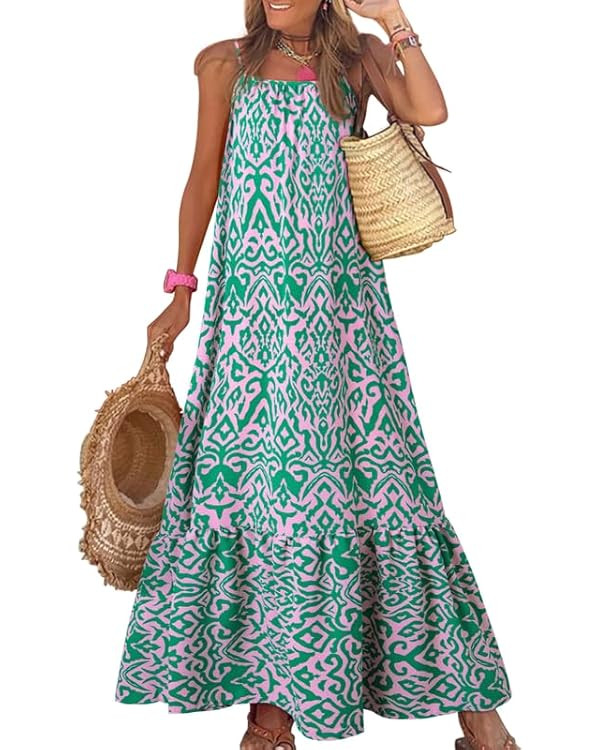 Dokotoo Women Summer Dresses 2024 Spaghetti Strap Scoop Neck Smocked Ruffle Flowy Boho Maxi Dress | Amazon (US)