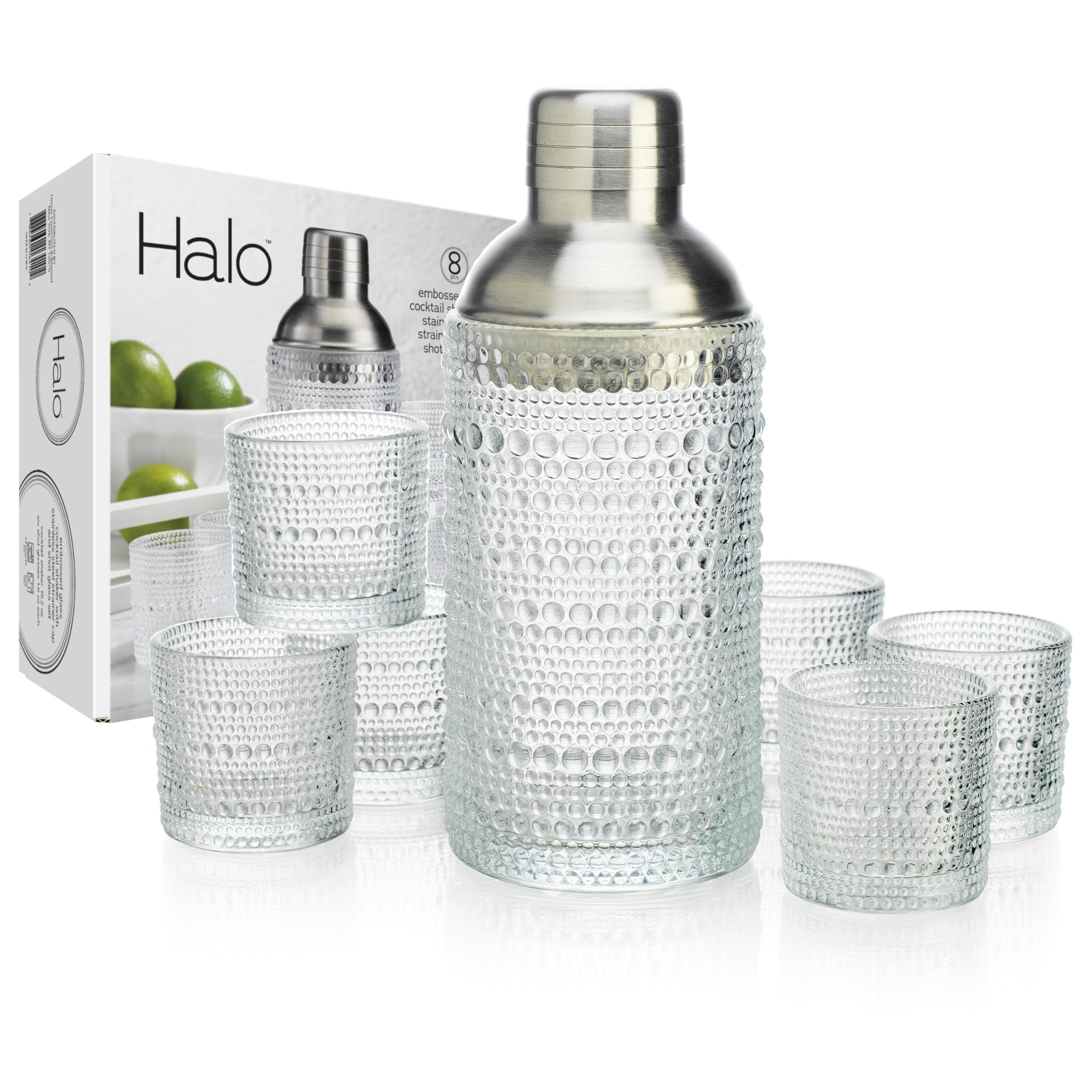 Glaver's Cocktail Shaker Set, Glass 15.2 oz Shaker, 6 Hobnail Shot Glasses, Stainless Steel Strai... | Amazon (US)