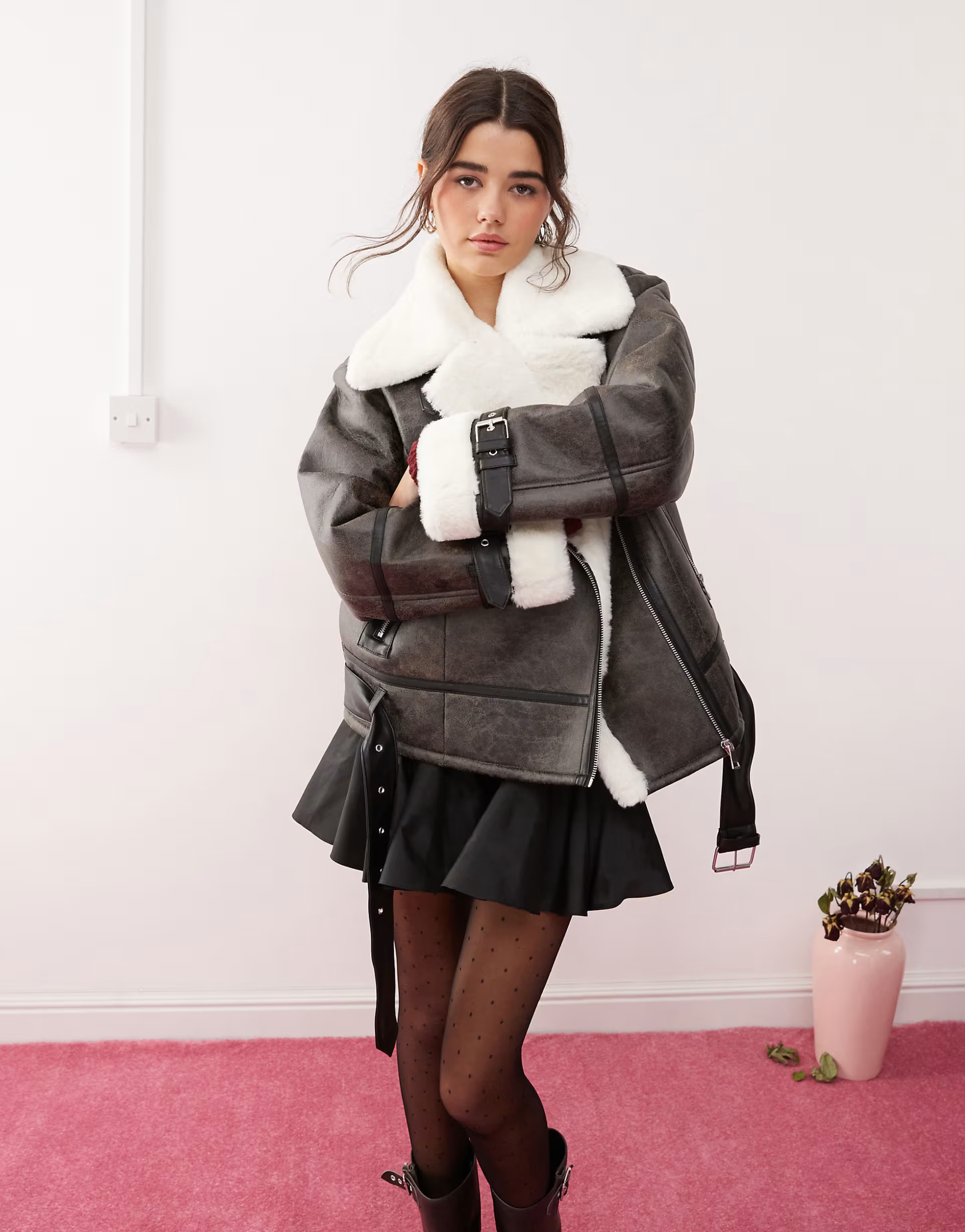 Miss Selfridge distressed faux leather contrast aviator jacket in black | ASOS (Global)