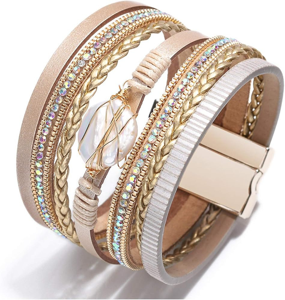 EunWow Leather multilayer bracelet Ladies bracelet women closure | Amazon (US)