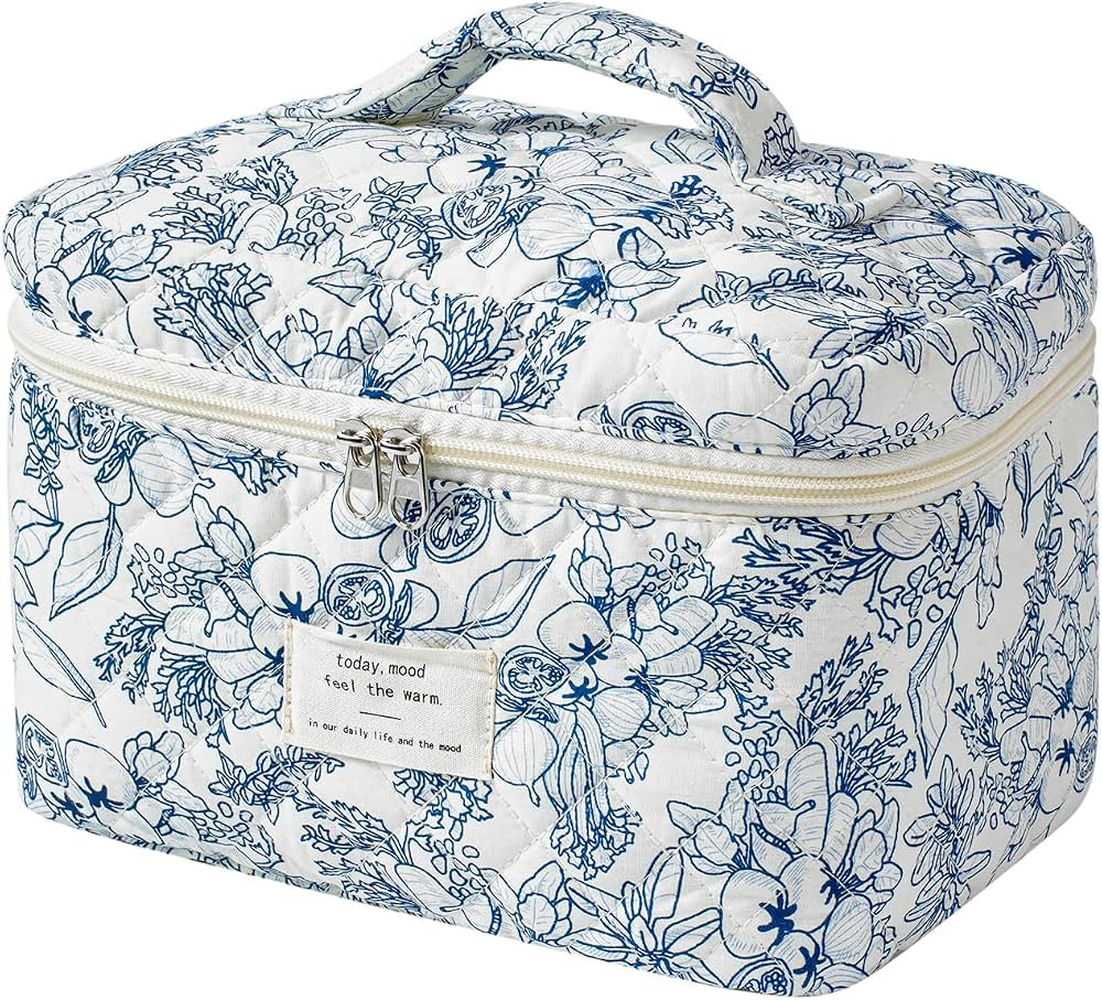 Large Travel Quilted Makeup Bag for Women, Floral Cotton Cosmetic Bag, Coquette Aesthetic Floral ... | Amazon (US)