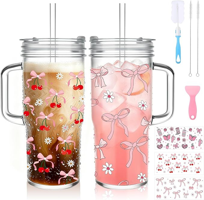Birity 24oz Pink Bow Glass Cups with Lids and Straws,2 Set Glass Tumbler with Handle,Galss Cup wi... | Amazon (US)