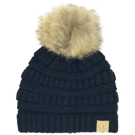 Kids Ages 2-5 Pompom Chunky Thick Stretchy Knit Slouch Beanie Cap Hat (Navy W/ Fur Pom) | Walmart (US)
