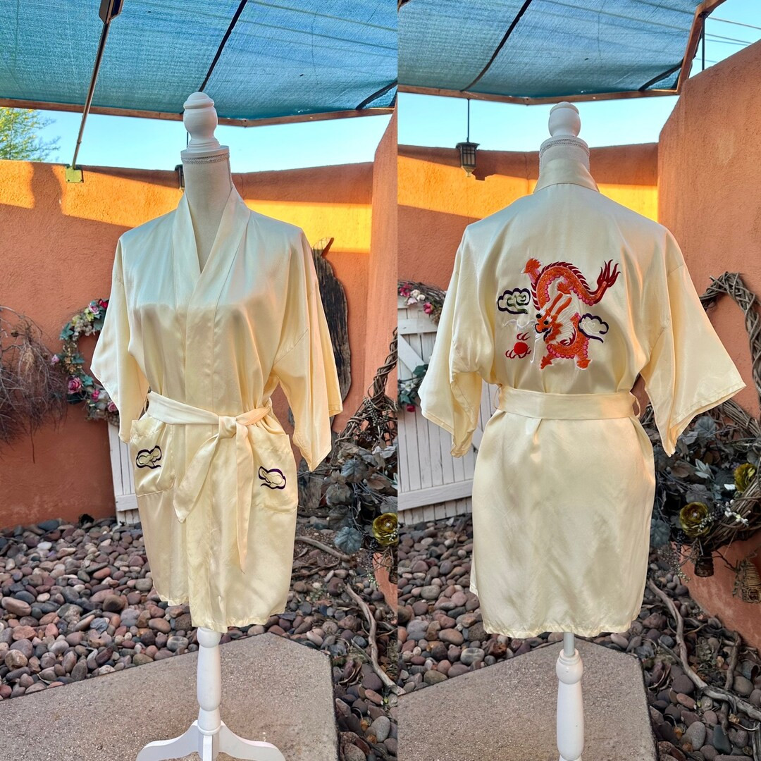Vintage Pale Yellow Satin Embroidered Dragon Belted Kimono Size M - Etsy | Etsy (US)