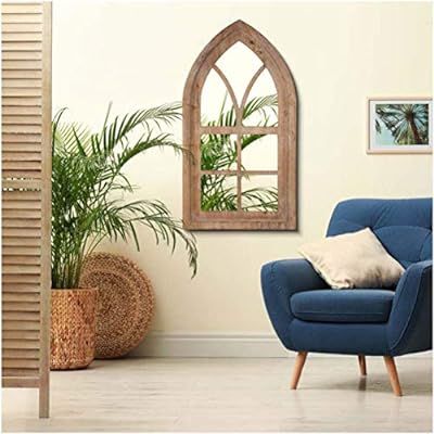 Glitzhome Gothic Style Arched Windowpane Wall Mirror Window Frame 40" H, Brown | Amazon (US)