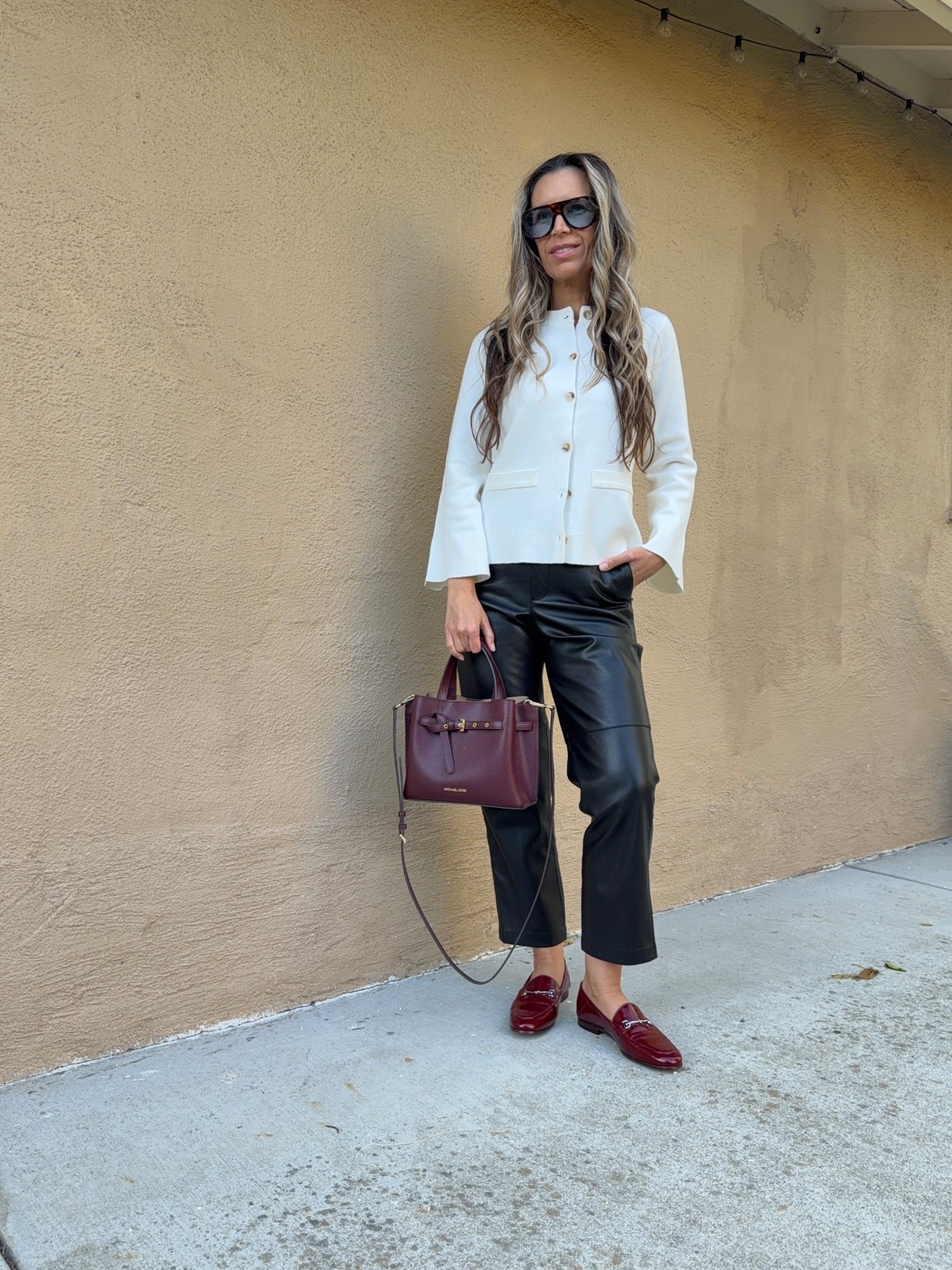 White cardigan sz S
Fauz leather pants sz XS
I’m 5’5” 122 lbs 
Burgundy wine loafers true to size
Burgundy leather bag is high quality 🤎



#LTKOver40 #LTKWorkwear #LTKSaleAlert