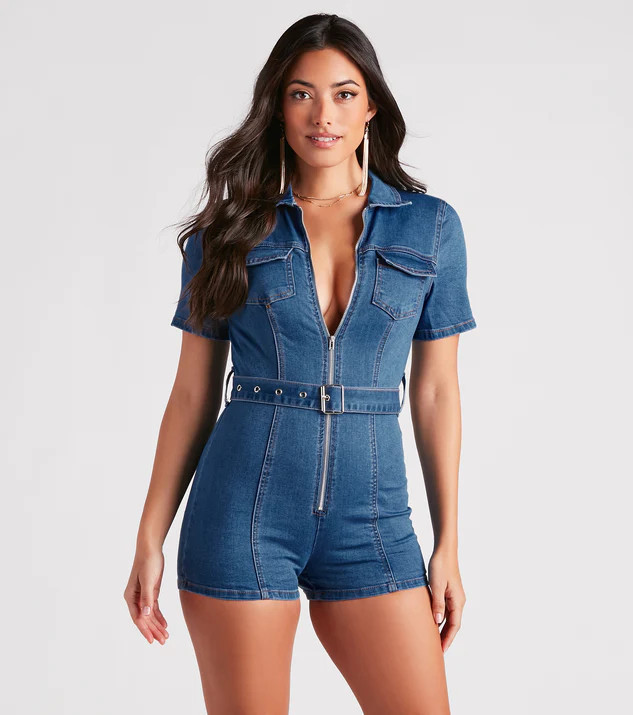 Style In Check Utility Denim Romper | Windsor Stores