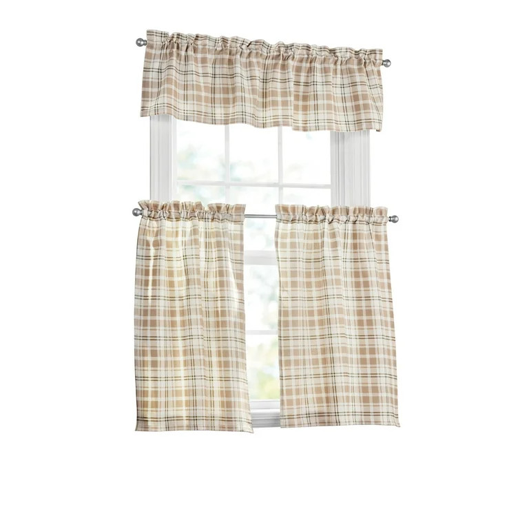 Mainstays Printed Tiers and Valance 36" 3-Piece Set, Plaid, Beige, BCI Cotton, Recycled Polyester | Walmart (US)