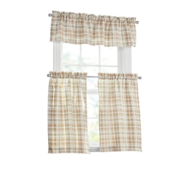 Mainstays Printed Tiers and Valance 36" 3-Piece Set, Plaid, Beige, BCI Cotton, Recycled Polyester | Walmart (US)