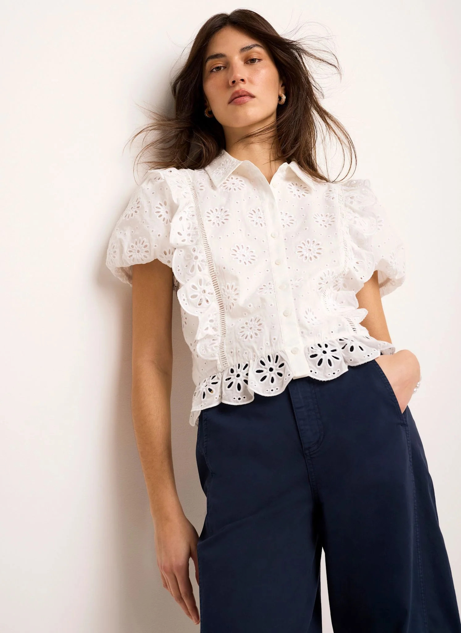 White Cotton Broderie Detail Shirt | Mint Velvet