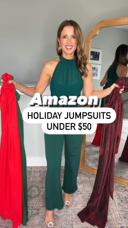 Holiday party outfit. Amazon holiday jumpsuits. Holiday outfits. Party outfits. Date night outfits. Wedding guest outfit. Wedding guest jumpsuit. Christmas party outfits. Linking similar clear sparkly heel. Bow earrings. 

*Wearing smallest size in each. 

#LTKHoliday #LTKparties #LTKwedding