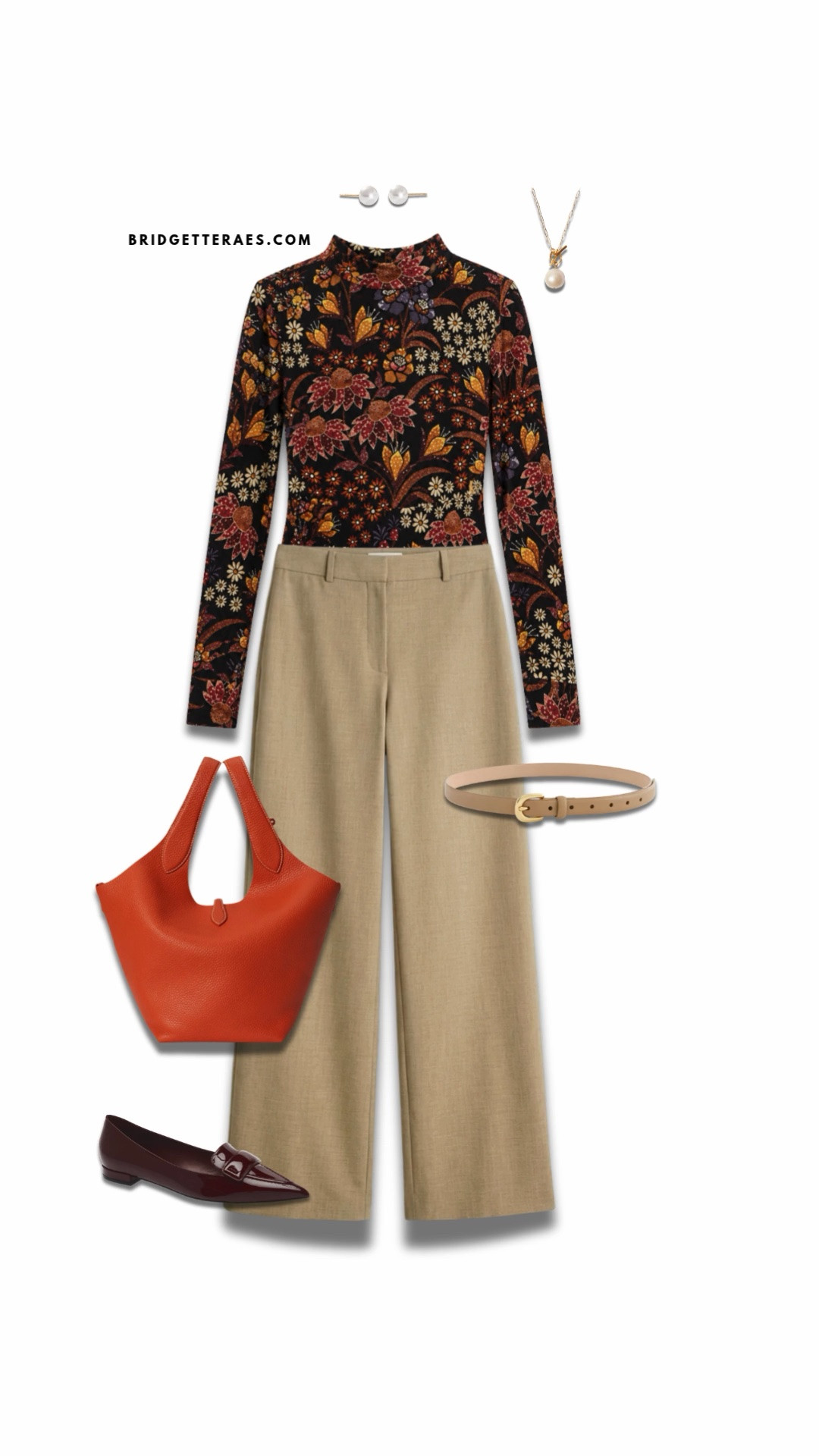 This outfit proves that professional style doesn’t have to play it safe to command attention. The richly detailed floral blouse brings warmth, personality, and sophistication to the look, blending deep burgundy, rust, gold, and ivory tones in a way that feels polished rather than busy. Paired with fluid camel wide-leg trousers, the ensemble creates a beautiful balance of structure and ease—perfect for leaders who want to project confidence while staying approachable. The sleek burgundy flats echo the darker tones in the print and provide all-day comfort for presentations, travel days, or back-to-back meetings, while the vibrant orange tote injects a modern energy that keeps the outfit feeling fresh and memorable. Delicate pearl jewelry and a slim neutral belt add refinement without competing with the statement top. This is the kind of outfit that stands out in a boardroom full of black blazers—thoughtful, elevated, and effortlessly confident, with just enough creativity to showcase personal style while maintaining executive-level polish.

#LTKootd #LTKgrwm #LTKWorkwear