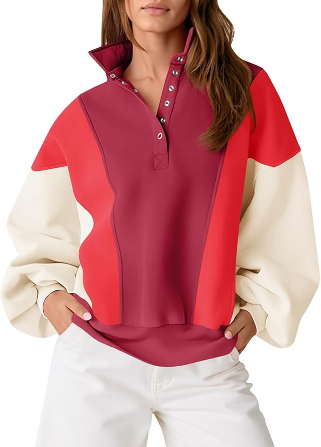 Fisoew Womens Color Block Sweatshirt Casual Long Sleeve Henley Neck Button Loose Pullover Tops | Amazon (US)