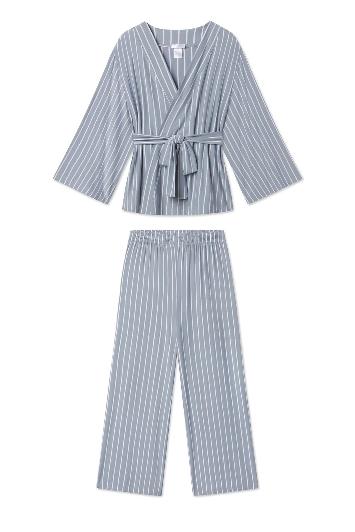 DreamKnit Kimono Pajama Set in Dusty Blue Stripe | Lake Pajamas