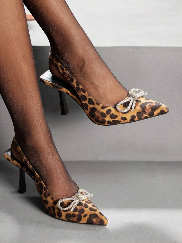 CUCCOO SZL Fashionable Leopard Print Pointy Toe High Heels With Bow Tie, Slingback Dress Pumps Fo... | SHEIN