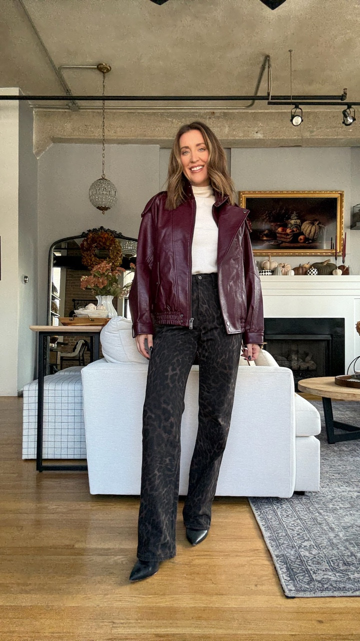 Chic fall date night look ON SALE! Obsessed with this burgundy faux leather jacket, fits oversized. These leopard denim are so good and more subtle and the sweater tank is so soft, both fit TTS 

Abercrombie Fall Sale! Get 20% off + an extra 25% off with code AFLTK

#LTKSaleAlert #LTKFallSale #LTKStyleTip