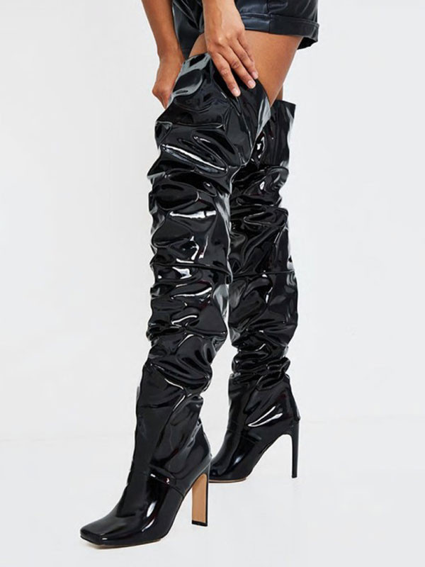 Women's Over The Knee Boots Black Square Toe Bright Leather Upper Winter Stiletto Boots | Milanoo