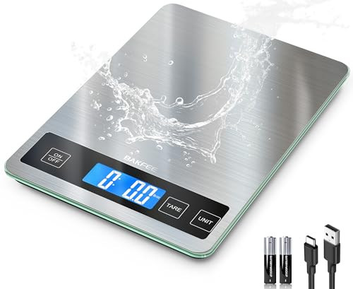 BakFee Food Scale, 33lb Digital Kitchen Scale with Stainless Steel & Tempered Glass, USB Rechargeable, 1g/0.05oz Precise Weighing, Splash-Resistant and Sturdy Surface, for Cooking, Baking, Weight Loss | Amazon (US)