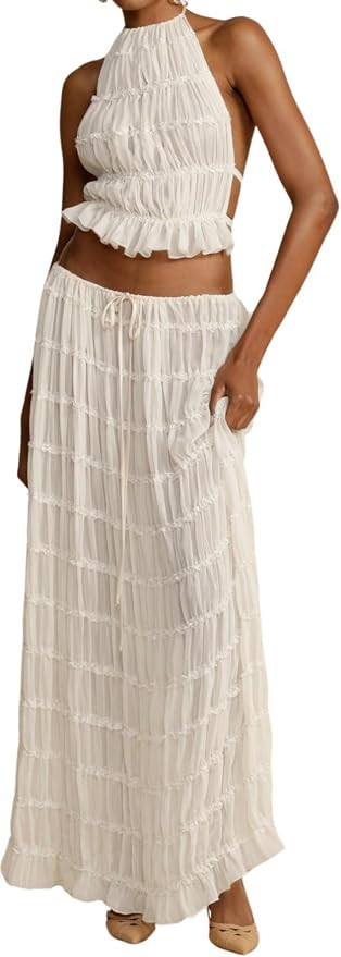 Two Piece Summer Sets for Women Sexy Flowy Maxi Skirt Set Y2k Lace Halter Crop Tank Top and Bodyc... | Amazon (CA)