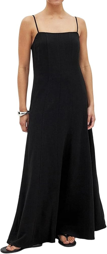 Women's Spaghetti Strap Maxi Dress Straight Neck A Line Paneled Casual Summer Dresses | Amazon (US)