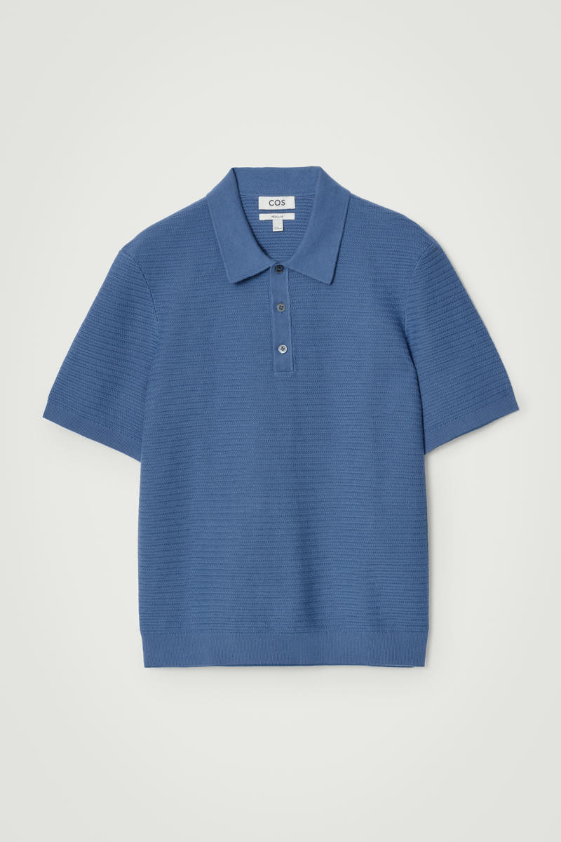 Textured Knitted Cotton Polo Shirt in Blue | COS (US)