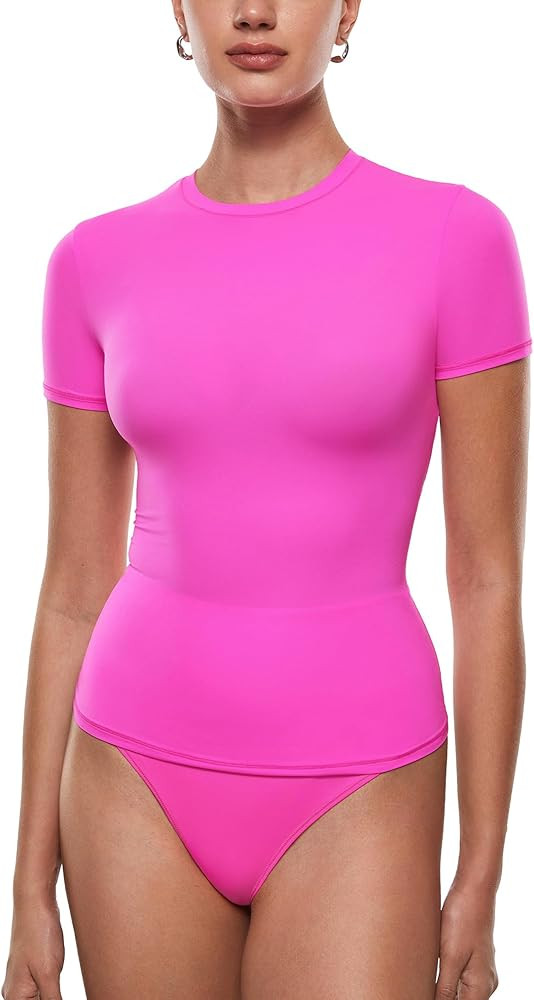 INLYRIC Women's Inbarely Soft Short Sleeve Tops Crew Neck Summer Going Out Tees Basic Slim Fitted... | Amazon (US)