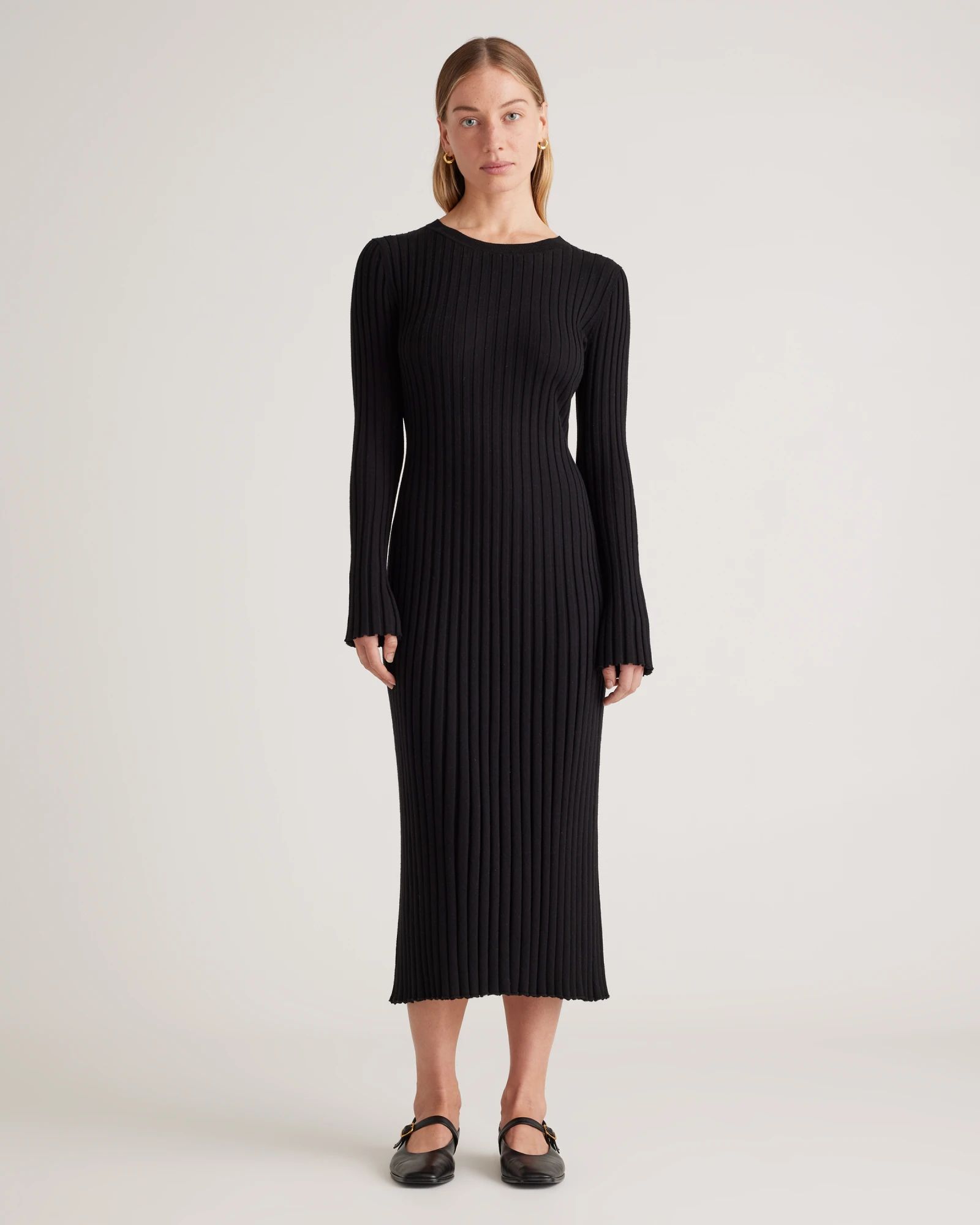 Cotton Cashmere Ribbed Long Sleeve Crew Midi Dress | Quince