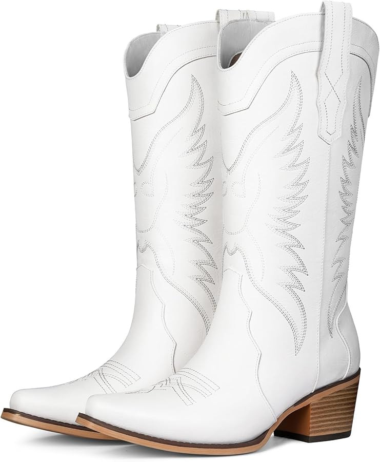 Western Cowboy Boots for Women - Cowgirl Boots with Pointed Toe, Mid Calf Chunky Heel Snip Toe Bo... | Amazon (US)