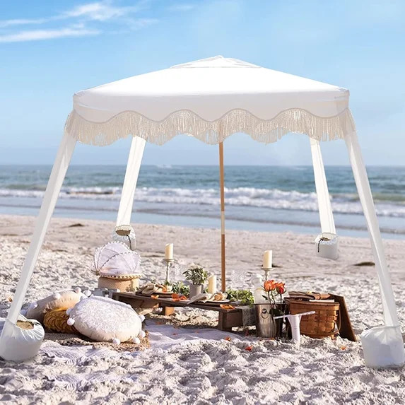 Beach Cabana with Fringe, 7' x 7' Boho Beach Canopy with Tassels, Easy Set up & Premium Wood Pole... | Walmart (US)