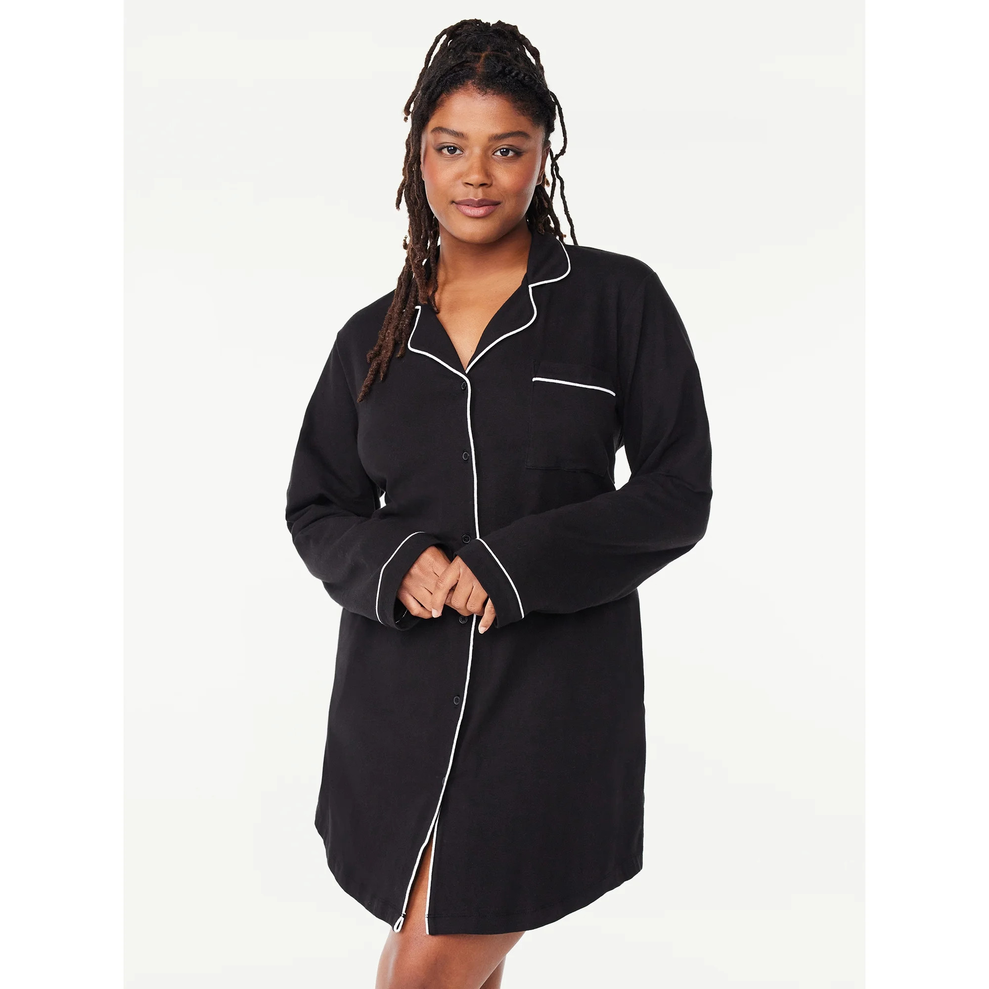 Joyspun Women’s Cotton Blend Long Sleeve Notch Collar Sleepshirt, Sizes S to 4X | Walmart (US)