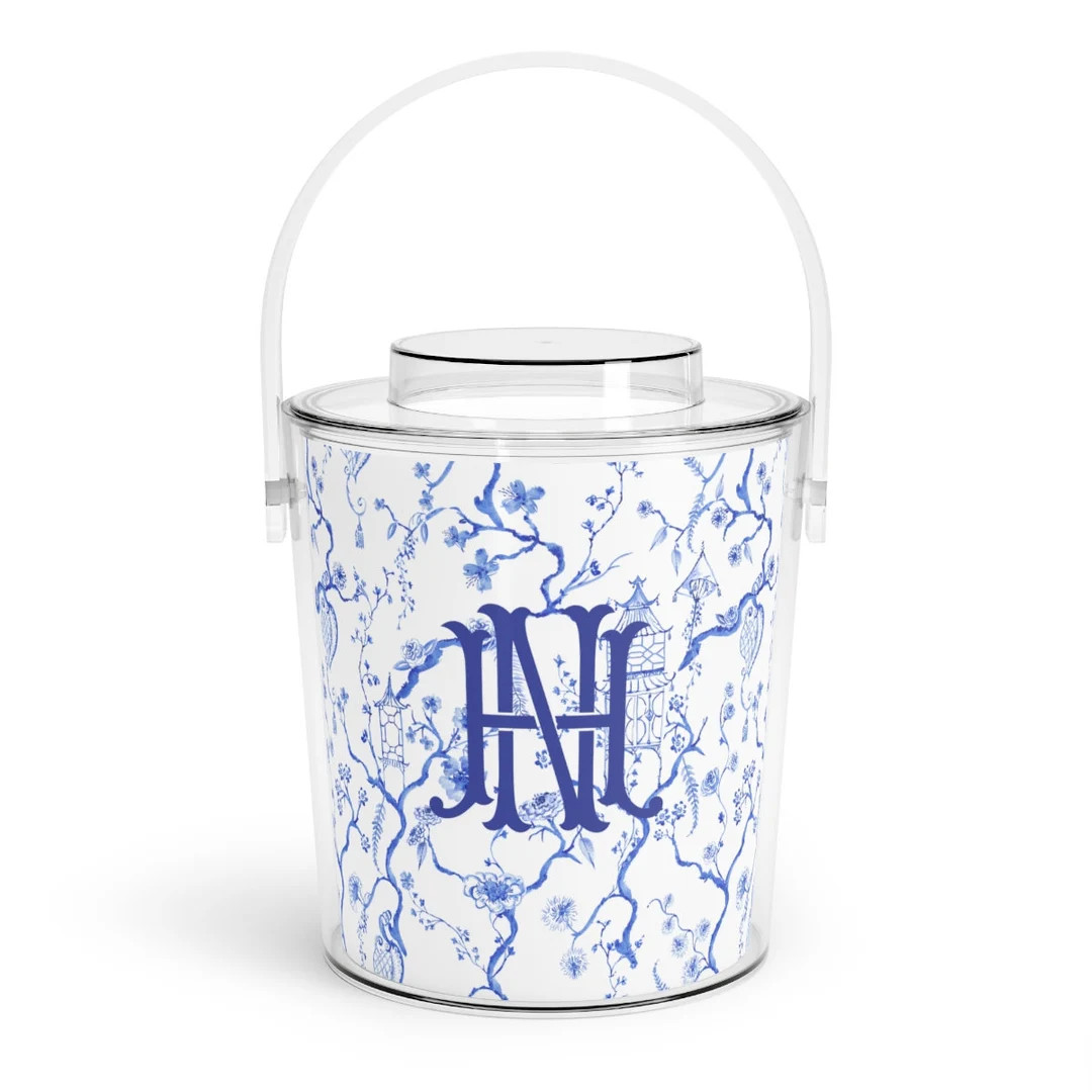 Chinoiserie Ice Bucket With Tongs, Custom Monogram Blue and White, Monogram Acrylic Lucite Ice Bu... | Etsy (US)