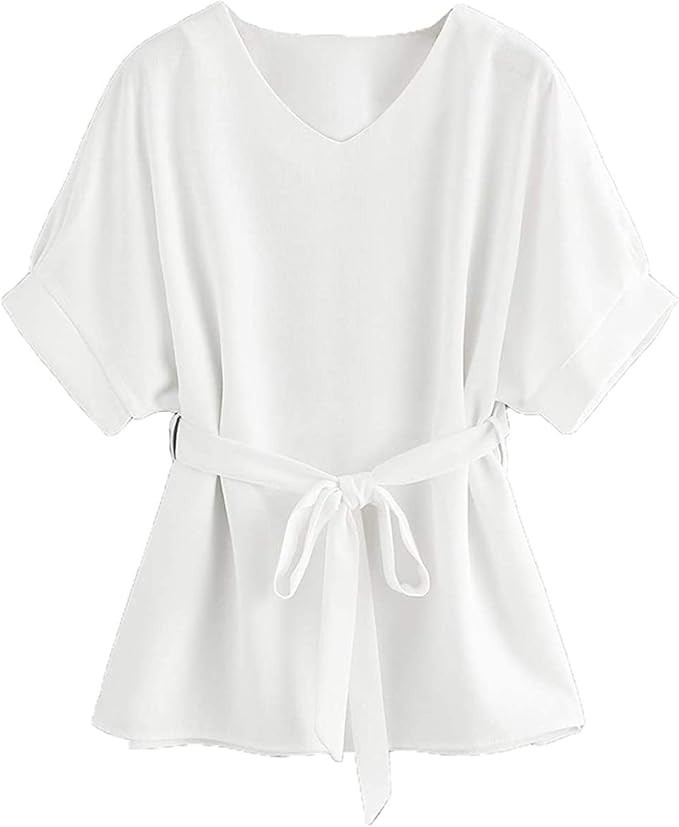 Milumia Women's Casual V Neckline Short Sleeve Self Tie Dressy Work Blouse Tunic Tops | Amazon (US)