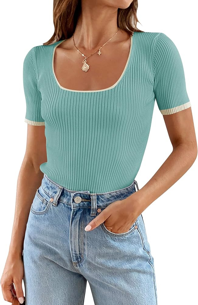 ZESICA Women's Short Sleeve Square Neck Color Block T Shirt 2025 Summer Slim Fit Ribbed Knit Basi... | Amazon (US)