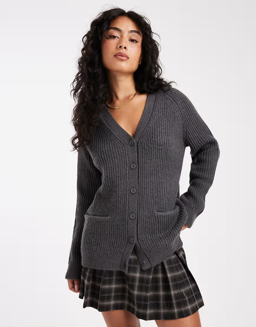 ASOS DESIGN oversized rib knit boyfriend cardigan in charcoal-Gray | ASOS (Global)