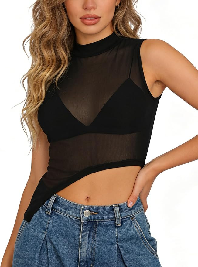 Women's Sheer Mesh Mock Neck Tank Top Sleeveless Asymmetrical Hem Crop Top See Through Club Going... | Amazon (US)
